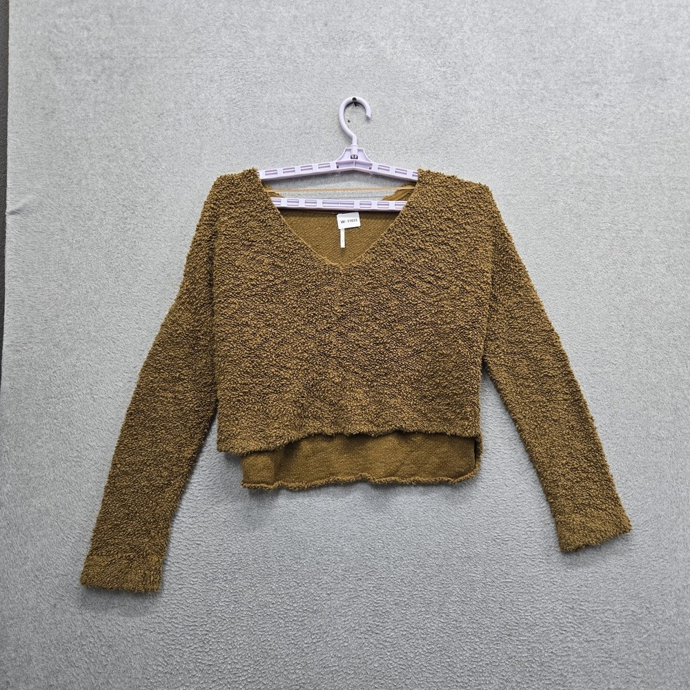 Free People Women Sweater S Brown Cotton Nylon Popcorn Cropped Long Sleeve